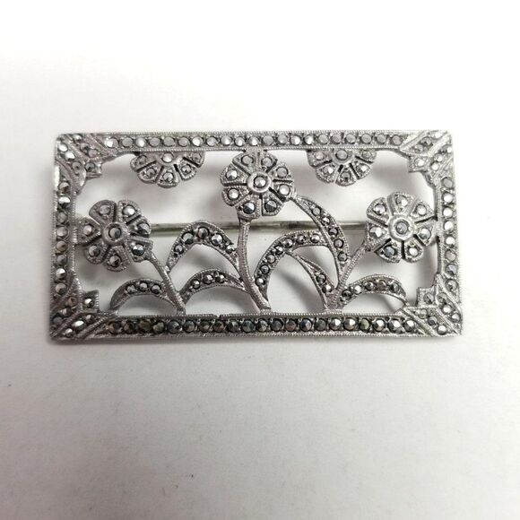 Vintage Sterling Silver Flower Garden Marcasite Encrusted Rectangle Brooch - Picture 1 of 7